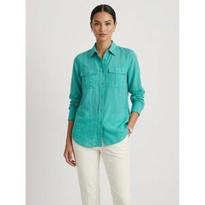 Lauren Ralph Lauren Green Cotton Silk Blend Button Down Utility Shirt Womens M